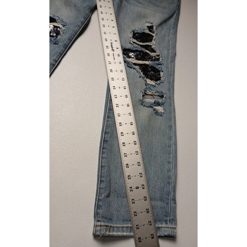 Free People Distressed‎ Sequin Patch Light Wash Straight Leg Jeans Womens 27
